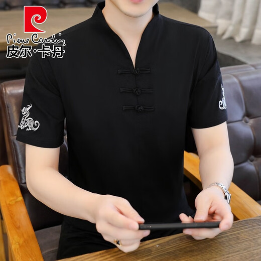 皮尔卡丹父亲节礼物冰丝t恤男士短袖2025新款男装中国风V领半袖夏季薄款中 e9871白色 (冰丝滑料) M