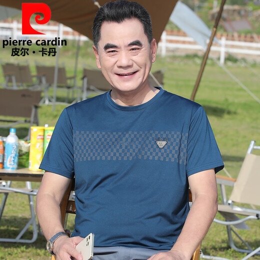 Pierre Cardin Cool Cool Silk Silk Summer Camiseta redonda de cuello redonda de manga corta Papá de mediana edad de manga de manga corta Atentable Top FJ693 Blue gris sin hielo transpirable y sin píldoras 4xl 190 180-200Jin [Jin equivale a 0.5 kg]