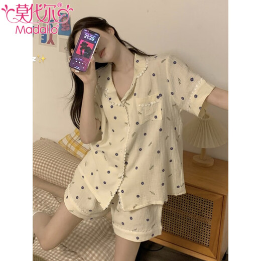 Pyjamas modal pour les femmes à l'été 2025 Nouveaux shorts à manches courtes décontractés, confortables, frais et fleuris pour le costume de vêtements à la maison en plein air # ZS-671 L [99-115] Jin [Jin est égal à 0,5 kg]