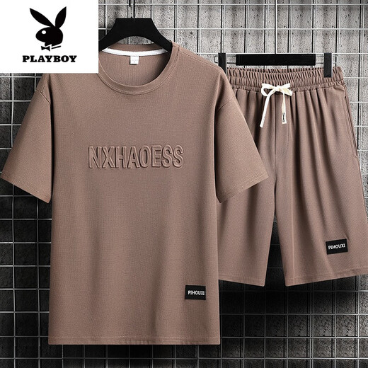 Playboy (Playboy) Herren-Sommeranzug Teen Kurzarm T-Shirt Thin Ice Seide Zweiteiler Casual Sportswear Fünf-Punkte-Short-Hose Set-TZ829 Military Green [Top + Pants] XL empfohlen 130-145jin [Jin gleich 0,5 kg]