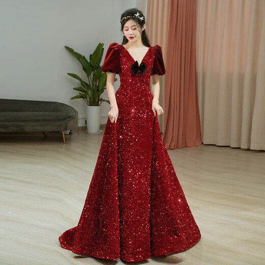 Toasting clothing new high-end light luxury fugitive princess burgundy sequined slim collar bride wedding engagement clothing burgundy (short-sleeved) XL