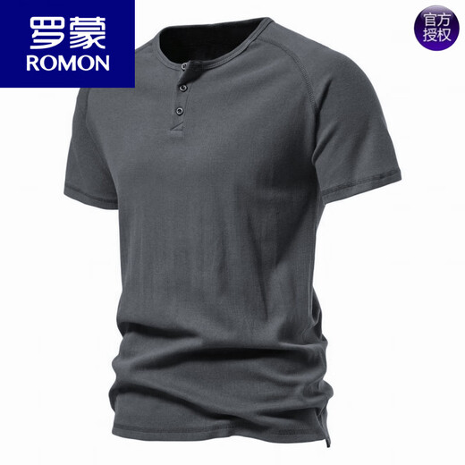罗蒙（ROMON）欧美简约亨利领短袖T恤男复古纯棉运动健身打底衫个性弹力体恤潮 浅灰色 2XL 【150-160斤】