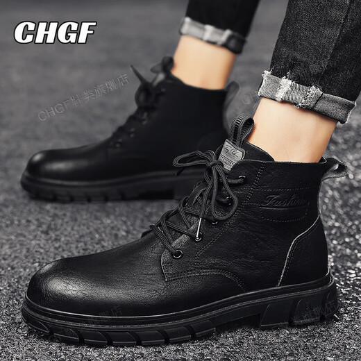 CHGF brand height-enhancing shoes for men in spring and summer new breathable Martin boots casual leather shoes for men invisible height-enhancing shoes for men HC897 black [Leather surface mid-top]-enhancing height 8cm 40 (sports size)