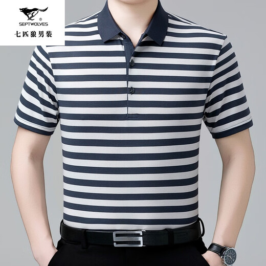 Sept loups Nouveau T-shirt à manches courtes en soie à manches courtes pour hommes d'été d'âge moyen et de papa âgée portent un polo top à rayures minces 829 Gray S 165/105