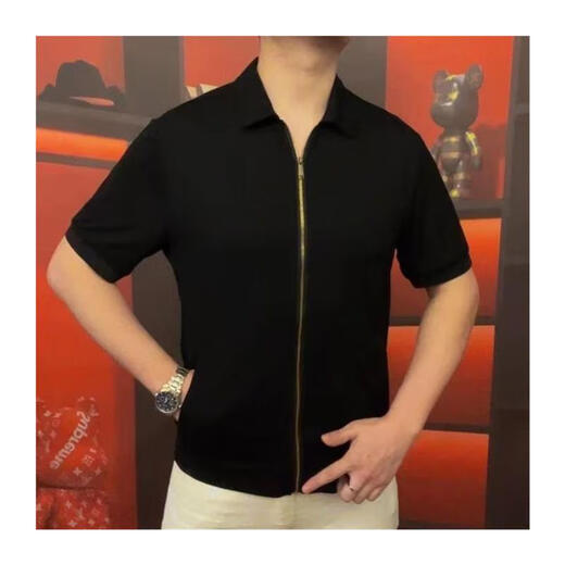 尔煦天骏百货男翻领开衫拉链款短袖商务休闲休闲百搭高品质半袖OP3889 黑色 M 48 (100-125斤)