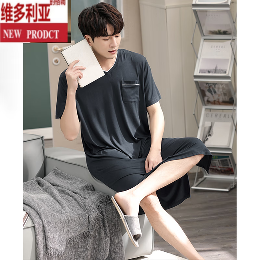 Victoria Summer Men Summer Camisón de manga corta Integrado de estilo delgado Modal de longitud media de longitud media suelta Summer de verano YM844 Flower Gray Men's Nightgown L Altura 170-175 Peso 120-140Jin [Jin iguala 0.5 kg]