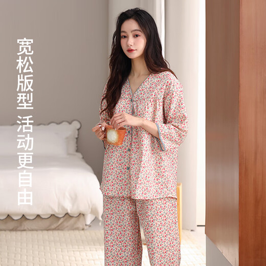 新一步七分袖九分裤女款睡衣V领印花大码开衫透气家居服套装 S4839-琉璃橙 3XL