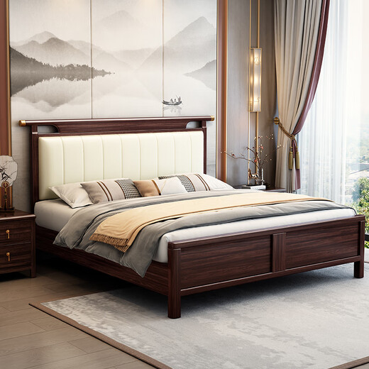 
Laisda new Chinese style black gold solid wood bed master bedroom 1.8 meters double high-end light luxury wedding bed YF9904 1.8 high box + pad
