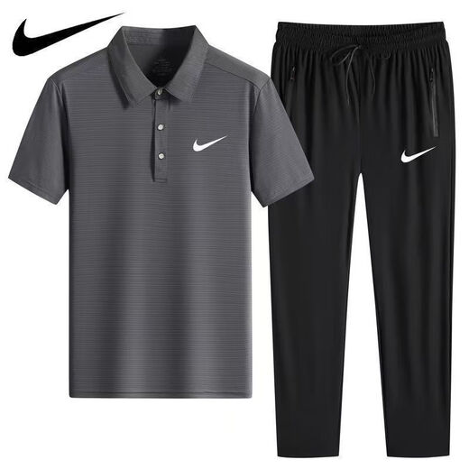 NBA KIDS-NIKE冰丝POLO衫速干休闲运动装短袖T套装薄款翻领男士长裤两件装 耐克-黑色(直筒套装)1396 耐克-XL 100-120斤