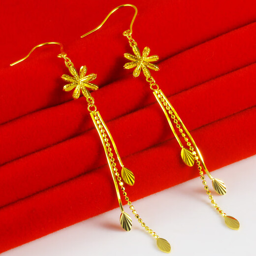 Qianying gold earrings for women, AU750 real gold earrings, 18K gold earrings, wedding jewelry, snowflake long tassels for girlfriend, weighs about 2.28-2.6g (including labor cost 35)