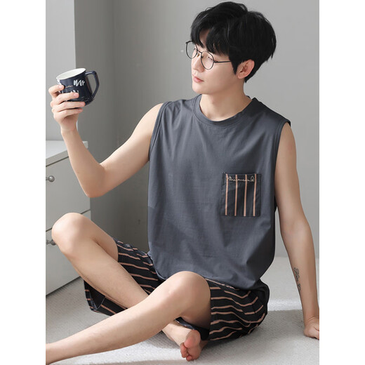 LangSha pajamas men's summer cotton silk vest sleeveless shorts loose plus large size casual style thin home clothing set NJR-LX12027 blue striped pants round neck pullover 2XL [Please contact customer service size]