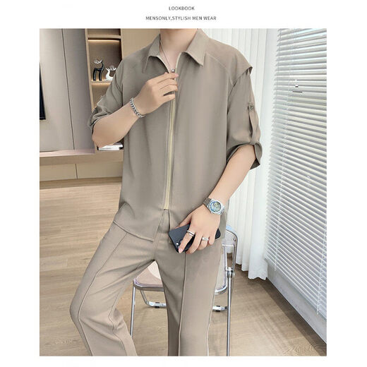 Pierre cardin ice silk short-sleeved shirt suit men's summer casual and mature outfit high-end anti-wrinkle trousers men's clothing set 727 meters white [long sleeves] + free T-shirt XL [recommended 130-145 Jin [Jin equals 0.5 kg]]