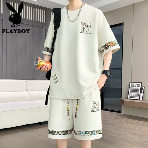 花花公子（PLAYBOY）夏季新款大码休闲运动套装男士短袖短裤两件套潮 【套装】6195：绿色 M (建议90-110斤)