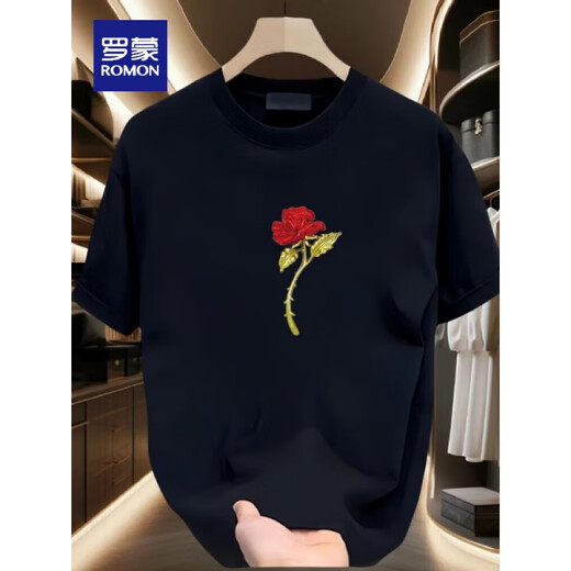 Camiseta de manga corta Romon para parejas, camiseta impresa en cuello redonda moderna, algodón tapa de algodón versátil simple versátil simple, verano, imagen grande del frente negro, K1049 Rose rojo individual, L, 120-140Jin recomendado [Jin equivale a 0.5 kg]