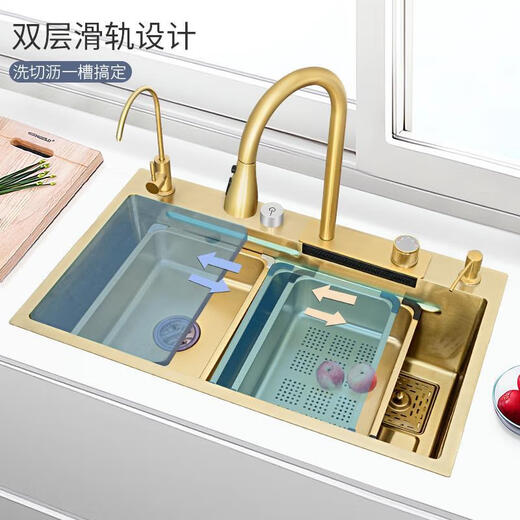 Ye Yu Golden Kitchen Sink Luxury 304 Rainfall Waterfall Kitchen Wash Basin Large Single Slot Golden Thickened Handmade Basin 68*45 Standard Package A