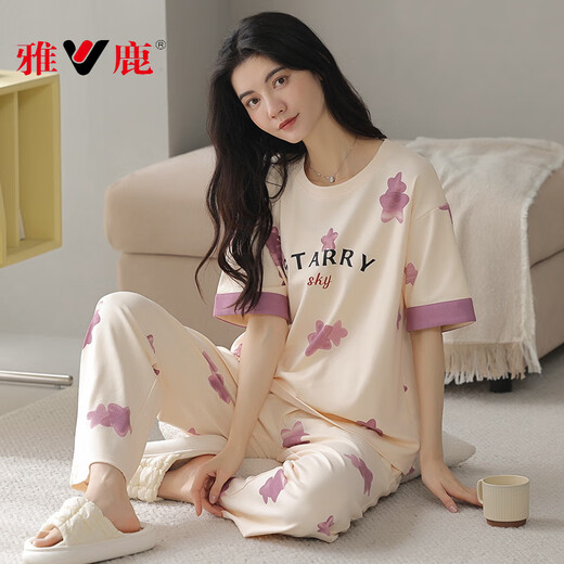 雅鹿新款睡衣女款夏季夏天纯棉短袖长裤半袖春秋鹅黄家居服夏款 CM65029【女】 Z9712 M 【建议80-100斤穿】