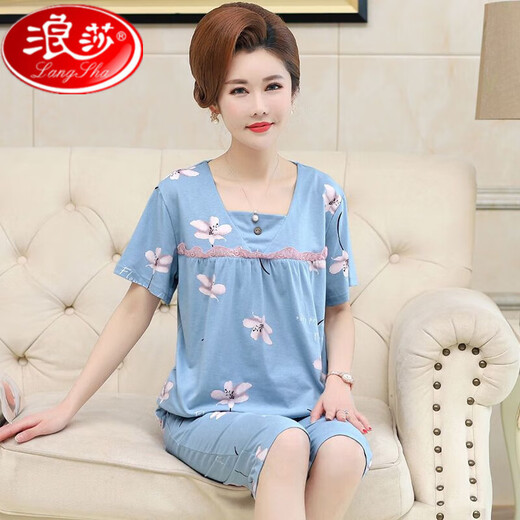 浪莎中老年妈妈睡衣女士夏季纯棉短袖七分裤大码夏天可外穿家居服套装 TF3937 M [建议80-95斤]