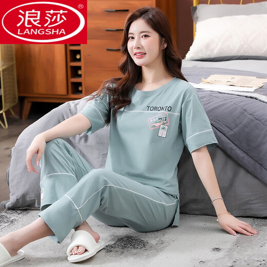 
LangSha pajamas for women for summer pure cotton 2025 new short-sleeved trousers home clothing set for thin cotton suits 7374 bean paste powder XL 120-140Jin [Jin equals 0.5 kg]