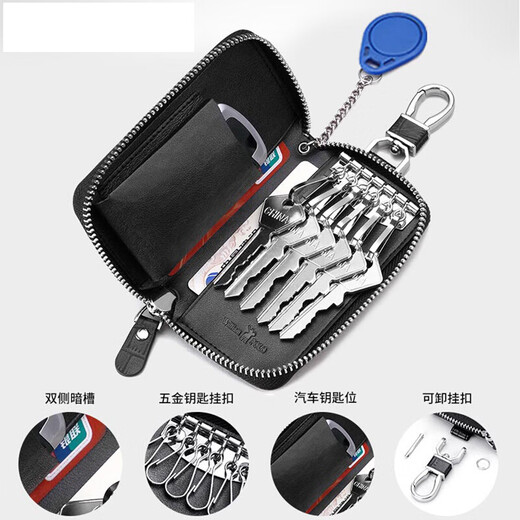 Williampolo Kaiser Paul Echtes Leder-Ledermännchen-Schlüsselbeutel Taillenhunger Leder Reißverschluss Key Bag große Kapazität Multifunktions-Mini-Kartenbeutel Schwarz geprägt