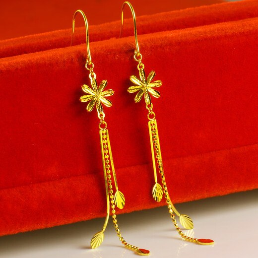 Qianying gold earrings for women, AU750 real gold earrings, 18K gold earrings, wedding jewelry, snowflake long tassels for girlfriend, weighs about 2.28-2.6g (including labor cost 35)