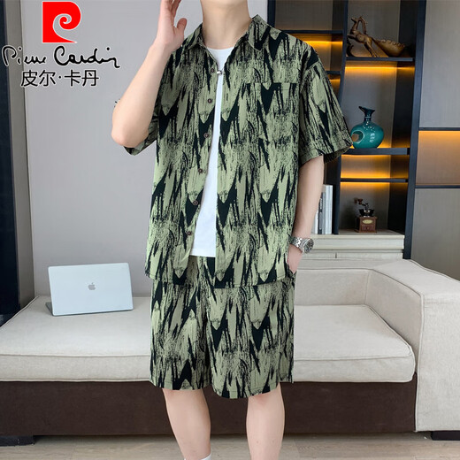 皮尔卡丹（pierre cardin）冰丝短袖衬衫套装男夏薄款海边度假三亚旅游夏威夷沙滩短裤两件套 677灰色套装 M 90-110斤