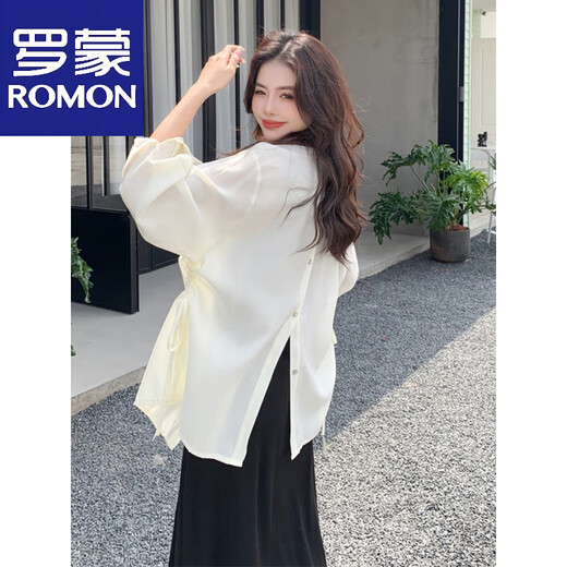 罗蒙（ROMON）小众简约夏装设计感遮肚衬衫防晒外套加背心裙两件套中长款连衣裙 米杏色衬衫+黑色裙子【两件套】 M 80-100斤