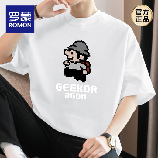 Romon (Romon) 260g schwere reine Baumwolle kurzärmelige T-Shirt Herren Sommer loser runder Hals-Top-Mode-Marke Pixel gedruckt halbärmelig M09-693 Weiß [80-100jin [Jin entspricht 0,5 kg]]]