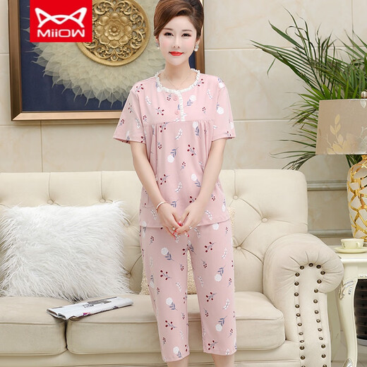 Catman miiow pyjamas d'été coton féminin pur coton court à manches courtes pantalons courts à manches courtes et mères âgées d'âge moyen et âgées du printemps et d'été de grande taille des vêtements de maison xin rose ym3937 l (recommandé 95-115 Jin [Jin est égal à 0,5 kg]))