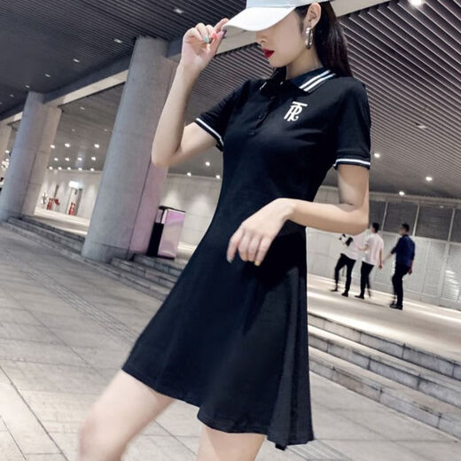 BNEB香港潮牌 polo领连衣裙夏季新款收腰显瘦休闲气质修身百搭a字短裙 黑色 XL 建议(115-125斤)