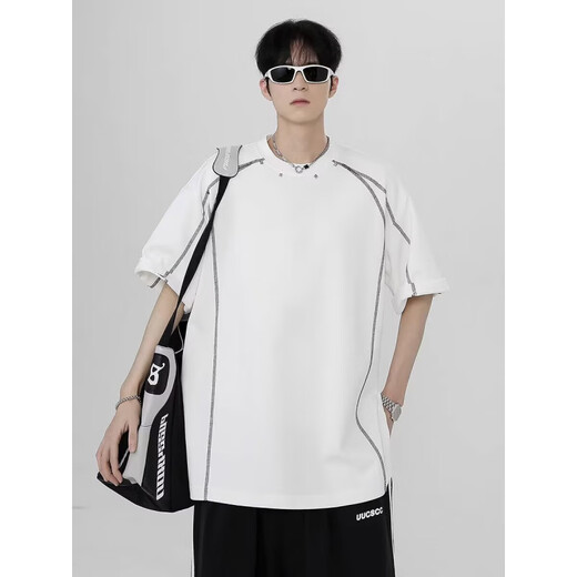 Dan Pretty Summer Contrast Lines Shoulder Pad Short Sleeve Shirt Men's Design Small Neckline 1421 White M