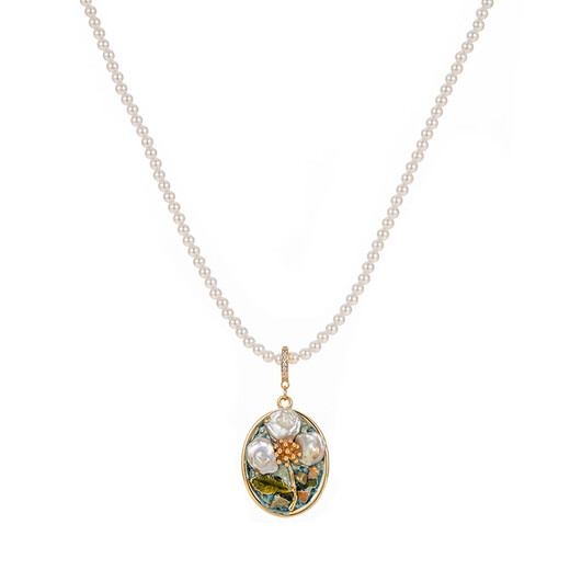 Baroque Pearl Pendant Oil Painting Necklace Women's New Chinese Style Freshwater Flowers Light Luxury Niche Single Oil Painting Pendant Buckle