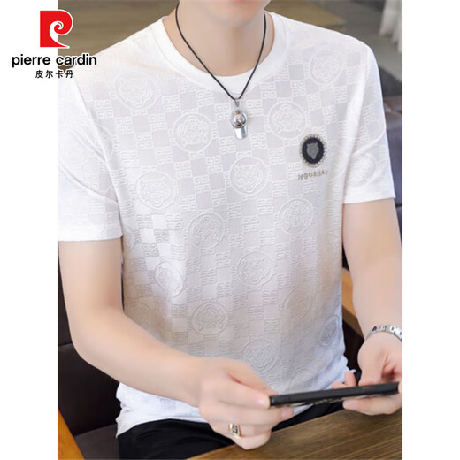 Pier Cardin 2025 Sommer New Herren Ice Seide Kurzärärmelte T-Shirt Jacquard halbärmelig T-Shirt plus Fett Plus Größe Schnelltrockne Herrenkleidung 698 Weiß M 80-110Jin [Jin ist 0,5 kg]