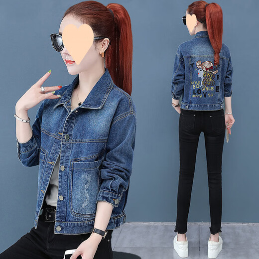Pushui square denim jacket for women short slim fit and slim 2025 spring and autumn dark blue jacket 9901# embroidered sequin style [blue] S [recommended 80--100Jin [Jin equals 0.5 kg]]