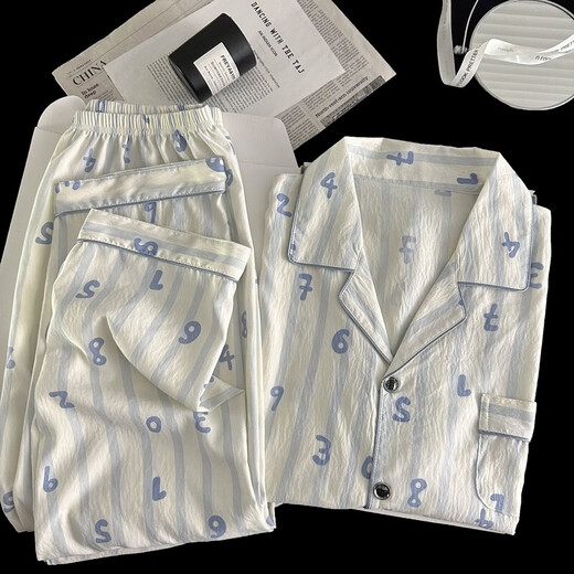 Men's pajamas for men's spring and autumn 2025 new cloud cotton long sleeve thin style youth summer large-size home clothing 12401 [High-quality cloud cotton] L [100-130Jin [Jin equals 0.5 kg]]