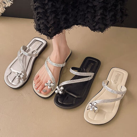 Guadi French slippers for women wearing summer toe sandals with skirts, super beautiful 2025 new fashionable and versatile beach sandals Rhinestone-6626-Black 36-37 [only one size smaller]