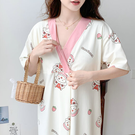 Cao Jingjia summer short-sleeved pregnant women's nightgown with chest pad pregnancy pajamas 2025 new style hospitals can wear breastfeeding skirts outside when entering the delivery room QSY16819 short-sleeved skirt 3XL size recommended weight 148-180Jin [Jin equals 0.5 kg]