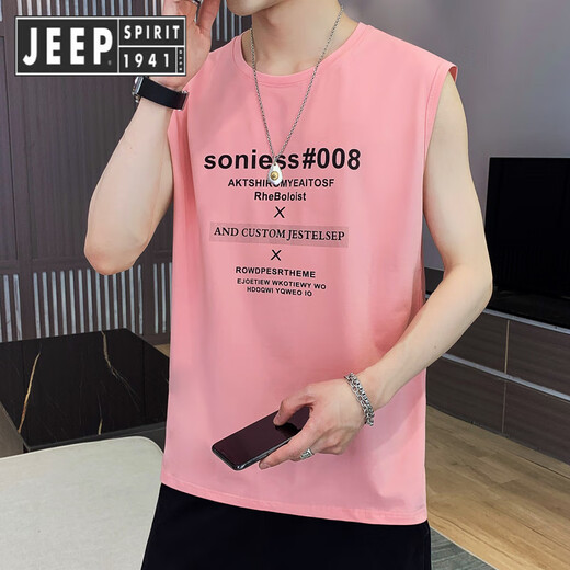 JEEP SPIRIT Jeep 2025 Summer Vest Men's Trendy Sports Fitness Basketball Sweatshirt Vest Sleeveless T-shirt Personalized Pure Cotton 673 Pink M 90-105Jin [Jin equals 0.5 kg]
