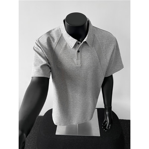 Jufeng space cotton American polo shirt men's high-end splicing heavyweight T-shirt Henry collar boxy gray shoulder short sleeves light gray upgraded version 90% of buyers choose M Recommended 105-120 Jin Jin equals 0.5 kg