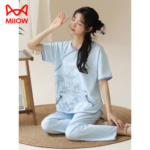 猫人（MiiOW）夏季女士短袖国风睡衣套装棉新中式长裤家居服夏天可外穿薄款简约 Y9905 M (建议75-95斤)