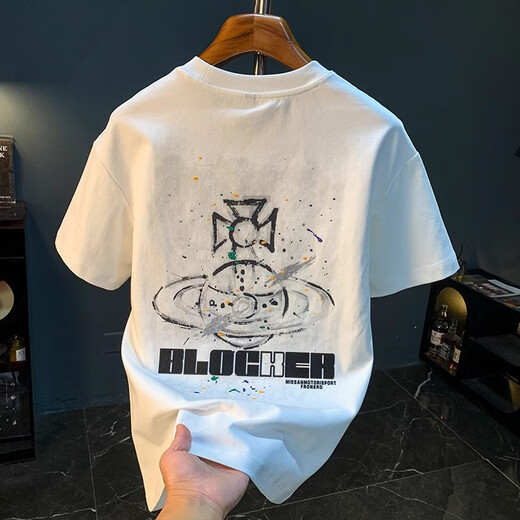 罗蒙香港高端轻奢白色印花圆领短袖男士夏季休闲薄款汗衫亲肤透气T恤 1235白色T恤 L 码