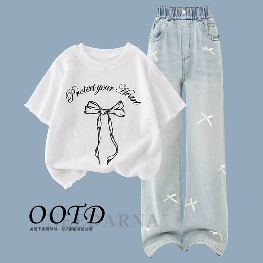 NICKYBABY girls summer suit 2025 new children's summer fashionable casual short-sleeved girls summer Korean jeans 13068 blue + 9981 white 160 cm