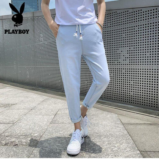 Playboy (Playboy) Hosen für Männer lässige Hosen für Sommer tragen lose und vielseitige trendige Kumpelhosen Straight Jeans für Männer Sommer dünne Männerhosen 673 hellblau/elles Seil XL sammeln Sie Priorität Lieferung]