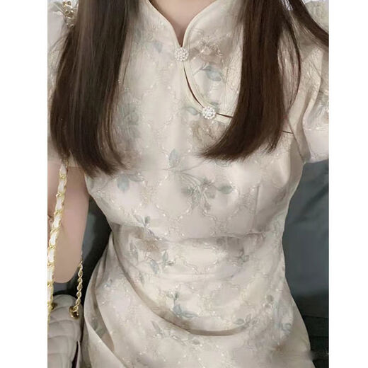 荣西图（RONGXITU）夏季法式复古旗袍连衣裙女短袖气质 838米白 M