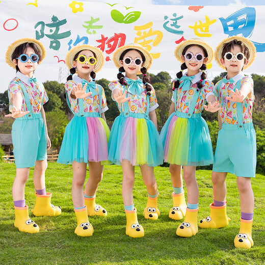 Tongran Children's Performance Costumes Kindergarten Graduation Photo Dance Class Uniforms Primary School Cheerleading Sports Meet Performance Costumes Purple Short Sleeves + Overalls Shorts 130 Sizes