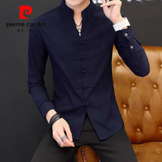 Pierre Cardin Stand Halsband weißes Hemd Herren Langarm Frühling und Herbst Neues High-End-Hemd im chinesischen Stil Falten Sie Casual Tang Top 9905 Black M.