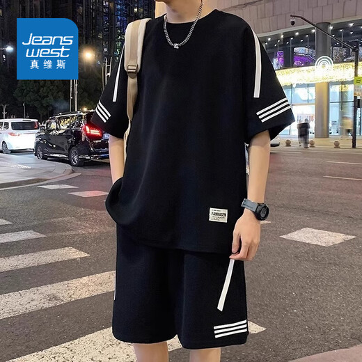 
Jewish sports suit men's summer thin loose trendy ice silk short-sleeved T-shirt men's shorts casual two-piece set men's clothing FKS653 black suit L about 110-130Jin [Jin equals 0.5 kg] can be worn