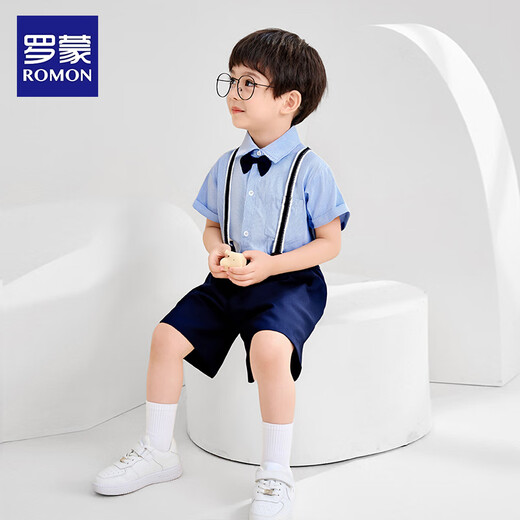 罗蒙男童小西装背带套装男宝周岁生日花童礼服儿童演出服 藏青色120