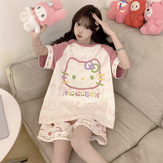Junjunsui Dimei Kiti-Katzen-Pyjamas für Frauen im Sommer 2025 Neue Pure Cotton Short Sleeve Cartoon Student großer Sommer-Hausbekleidungsset Kurz-Z-9928 XL [Vorgeschlagen 120-140jin [Jin gleich 0,5 kg]]