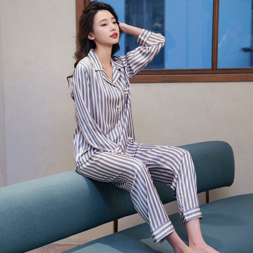 梦特娇（MONTAGUT）2025年新款睡衣女春秋款冰丝长袖条纹开衫翻领时尚网红居家服套装 xe双长6625#绿条纹 均码 m