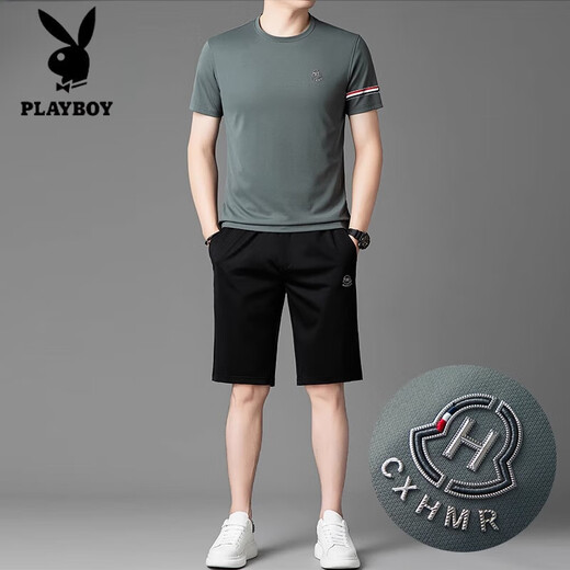 花花公子（PLAYBOY）品牌高档冰丝套装男夏季2025新款速干短袖短裤跑步休闲运动服 绿色套装【13601-1】 M 165 【适合体重100-120斤】
